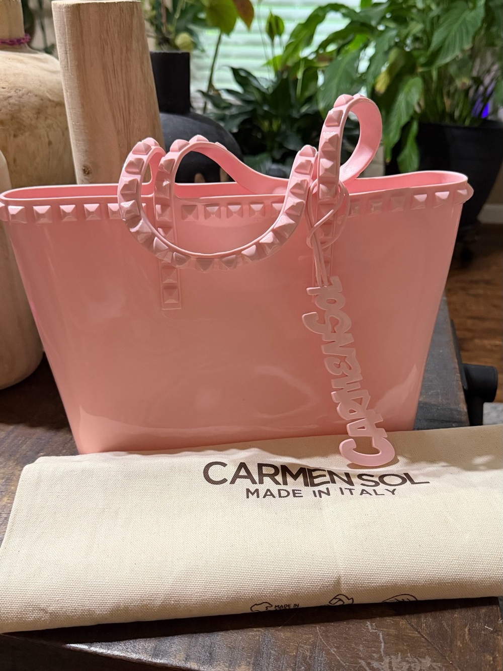 NWOT Carmen Sol Baby Pink Studded Jelly Tote Made in Italy Dust Bag